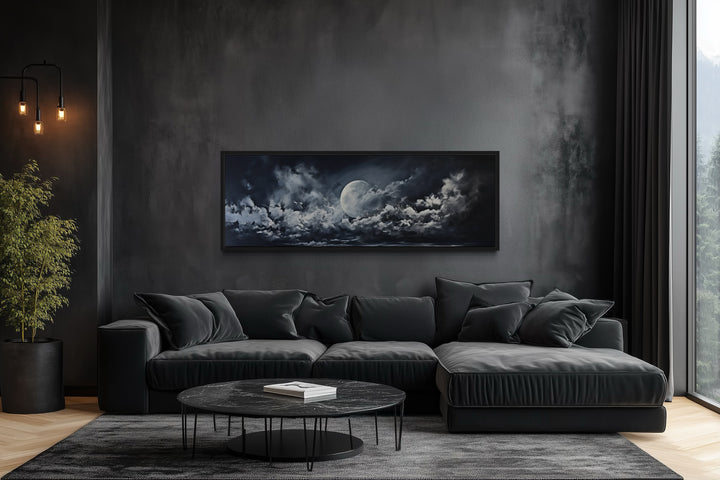Moon And Cloudy Sky Horizontal Framed Canvas Wall Art