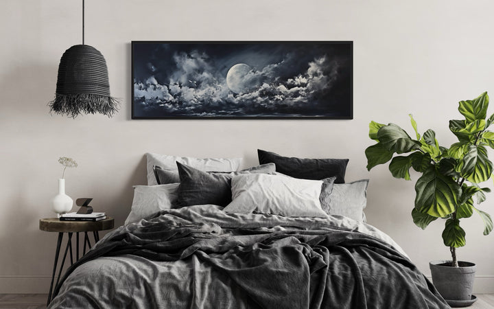 Moon And Cloudy Sky Horizontal Framed Canvas Wall Art