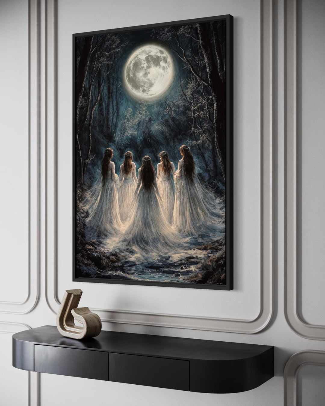 Vertical canvas print of five witches in white robes under a full moon in a dark forest.