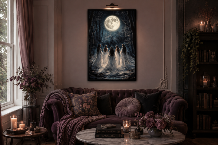 Vertical canvas print of five witches in white robes under a full moon in a dark forest.