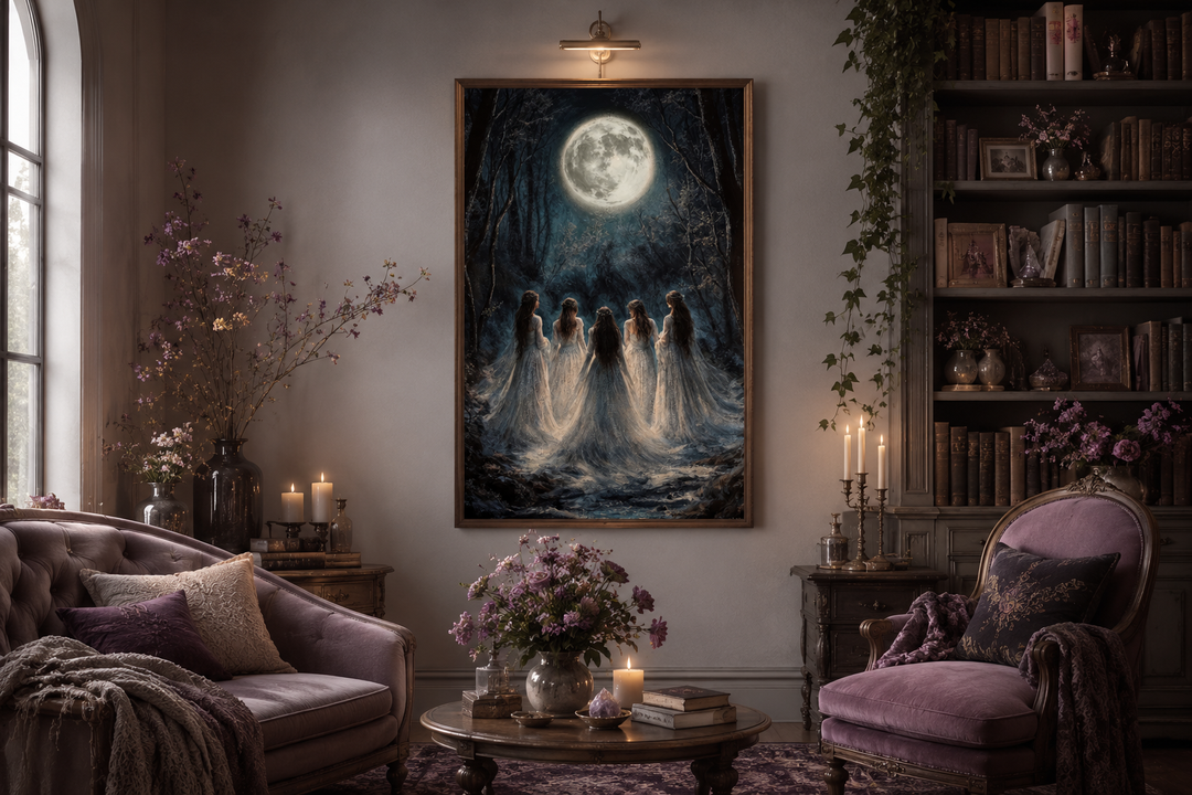 Vertical canvas print of five witches in white robes under a full moon in a dark forest.