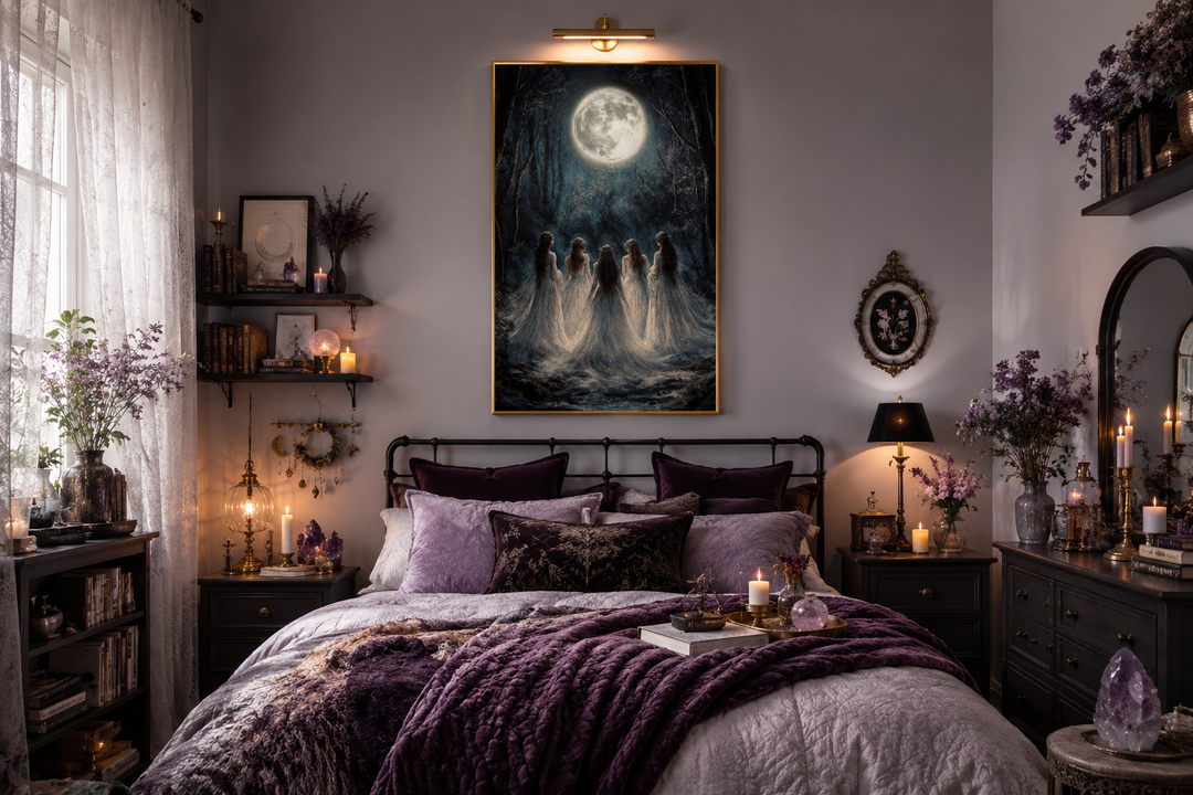 Vertical canvas print of gothic witches in a moonlit forest ritual above a purple-themed bed.
