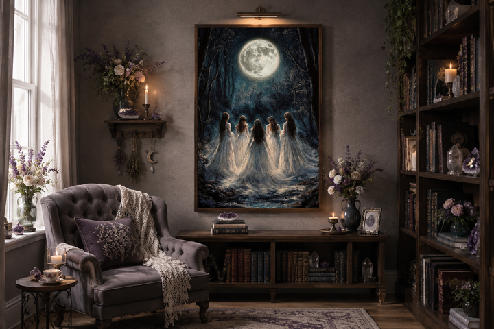 Vertical canvas print of five witches in white robes under a full moon in a dark forest clearing.