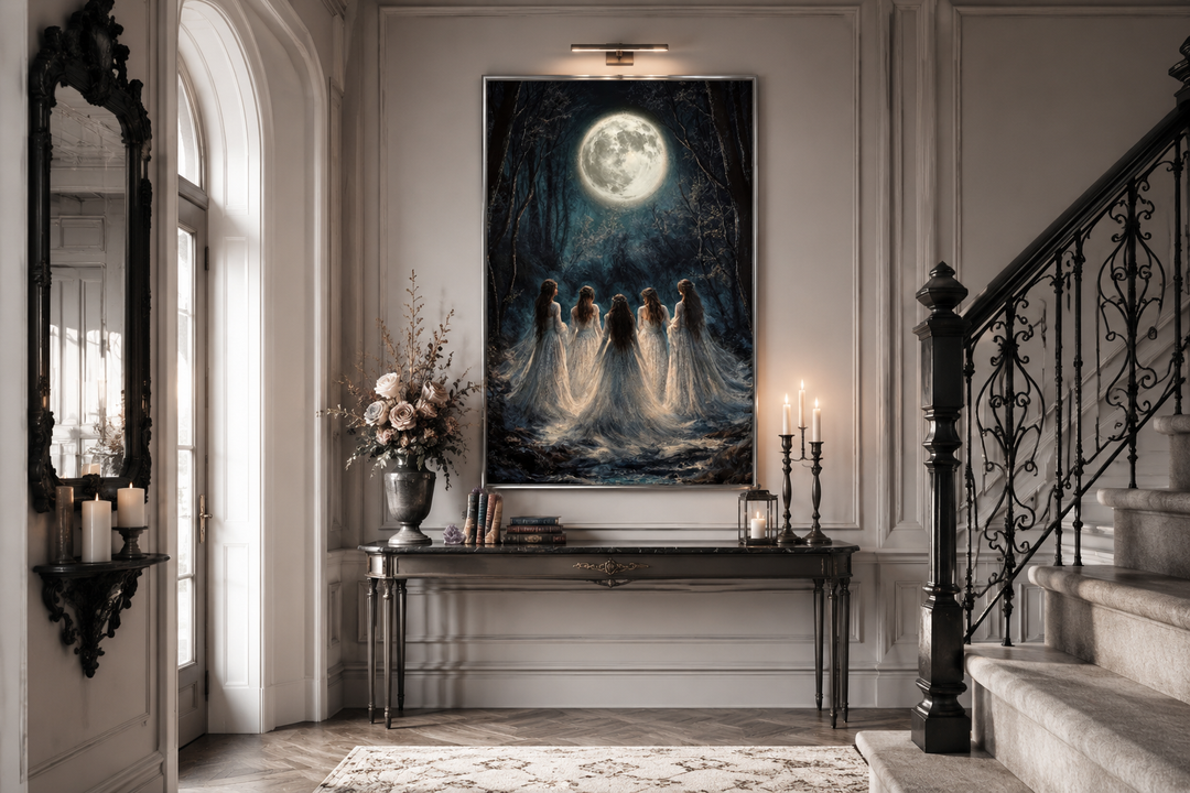 Vertical canvas print of five witches in white robes under a full moon in a dark forest.