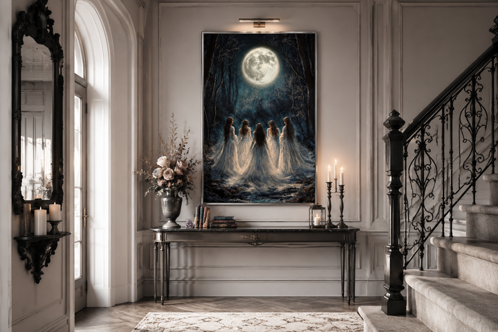 Vertical canvas print of five witches in white robes under a full moon in a dark forest.