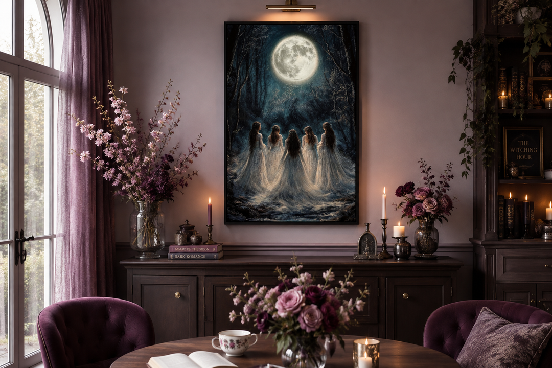 Vertical canvas print of five witches in white robes under a full moon in a dark forest.