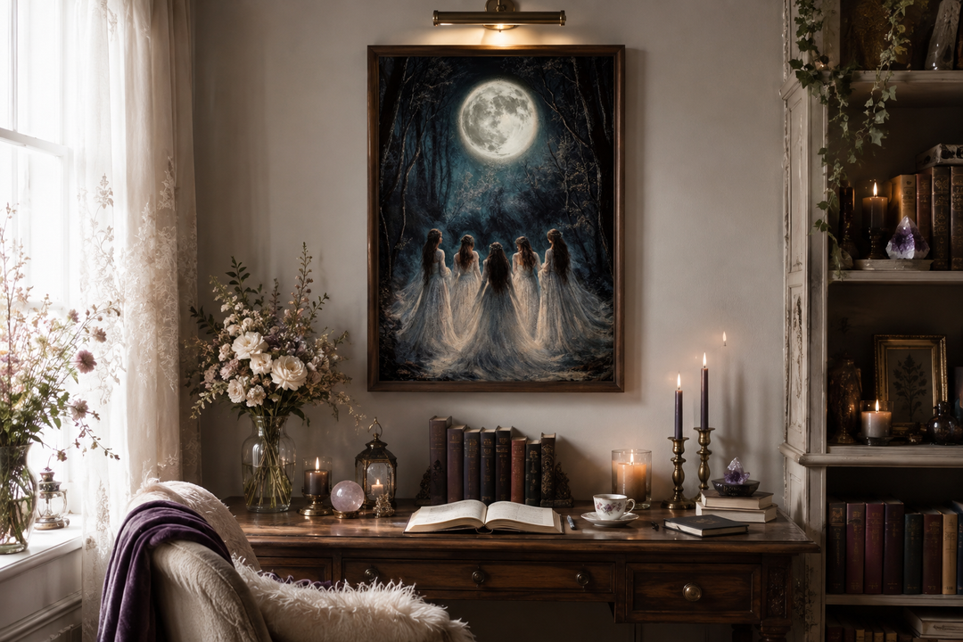Moon Calling Wall Art: Vertical canvas print of witches in a moonlit forest above a vintage desk.