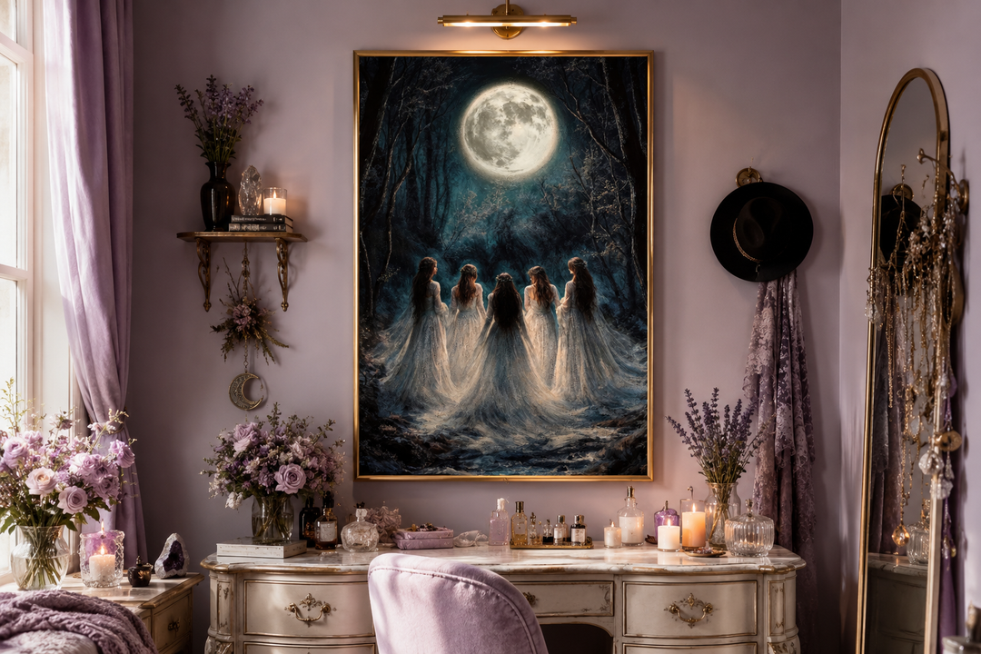 Vertical canvas print of five witches in white robes under a full moon in a dark forest.