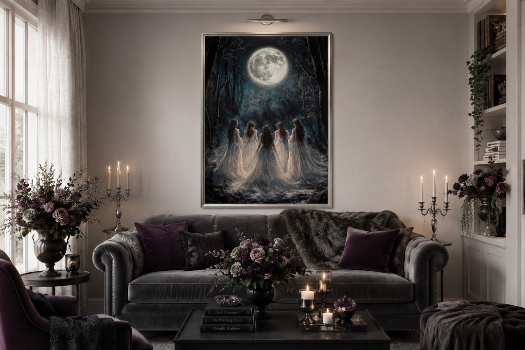 Vertical canvas print of five witches in white robes under a full moon in a dark forest.