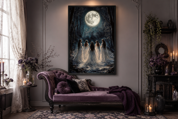 Vertical canvas print of five witches in white robes under a full moon in a dark forest.