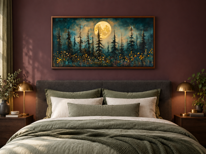 Mystical moonlit forest and wildflowers rustic framed canvas wall art above a bed in a bedroom.