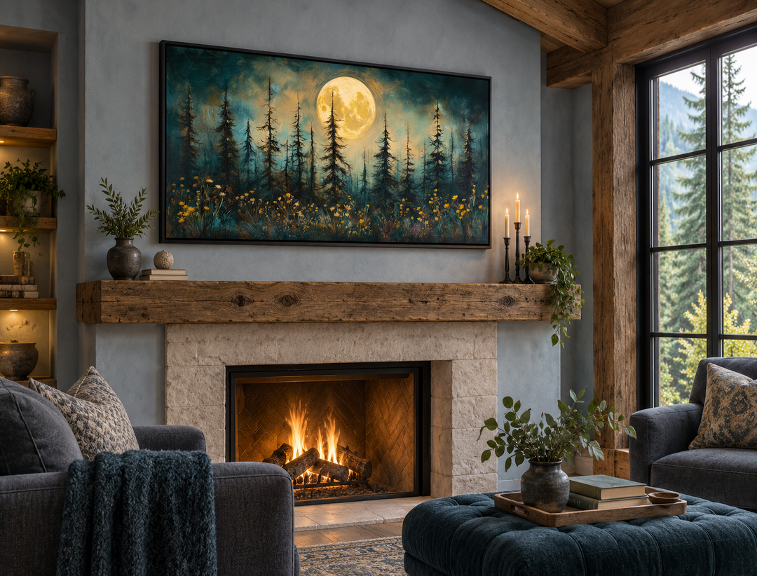 Mystical moonlit forest and wildflowers rustic framed canvas wall art above a cozy fireplace.