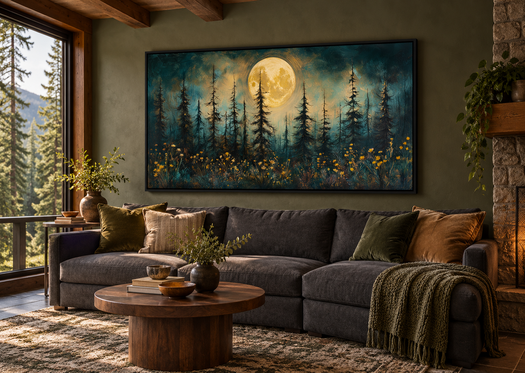 Mystical moonlit forest and wildflowers rustic framed canvas wall art in a cozy living room.