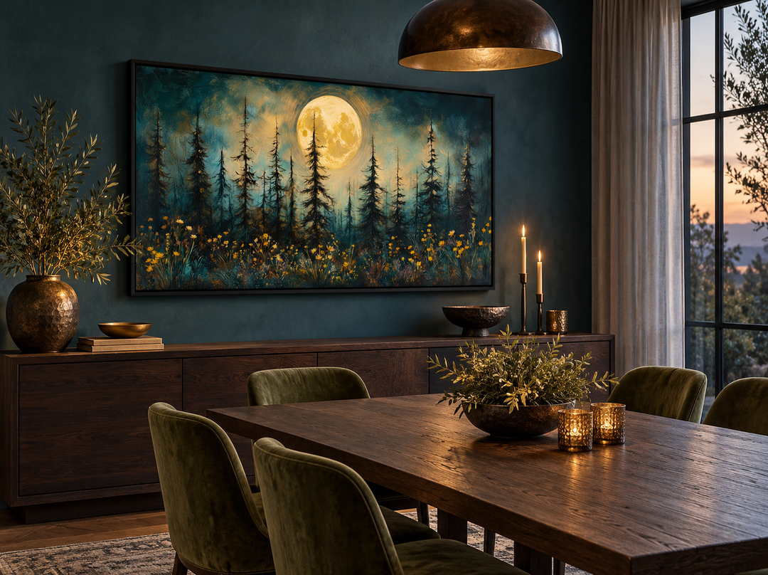 Mystical moonlit forest and wildflowers painting in a black frame above a dining room sideboard.