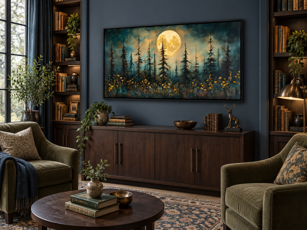 Mystical Moonlit Forest and Wildflowers rustic framed canvas wall art in a dark blue library.