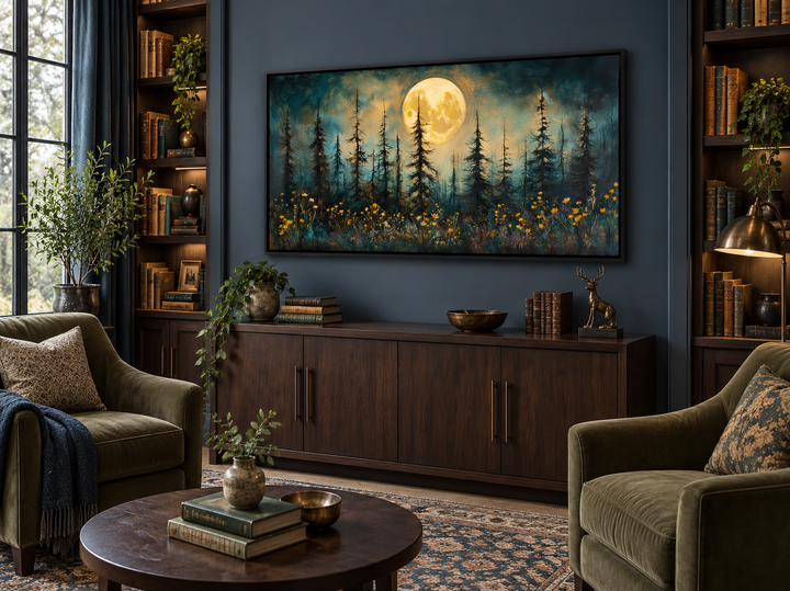 Mystical Moonlit Forest and Wildflowers rustic framed canvas wall art in a dark blue library.