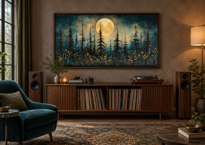 Mystical moonlit forest and wildflowers rustic framed canvas wall art above a wooden console.