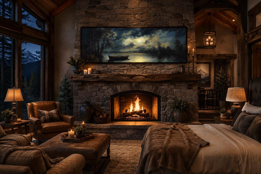 Moonlit rowboat and lake landscape long narrow canvas wall art above a stone fireplace in a cabin.
