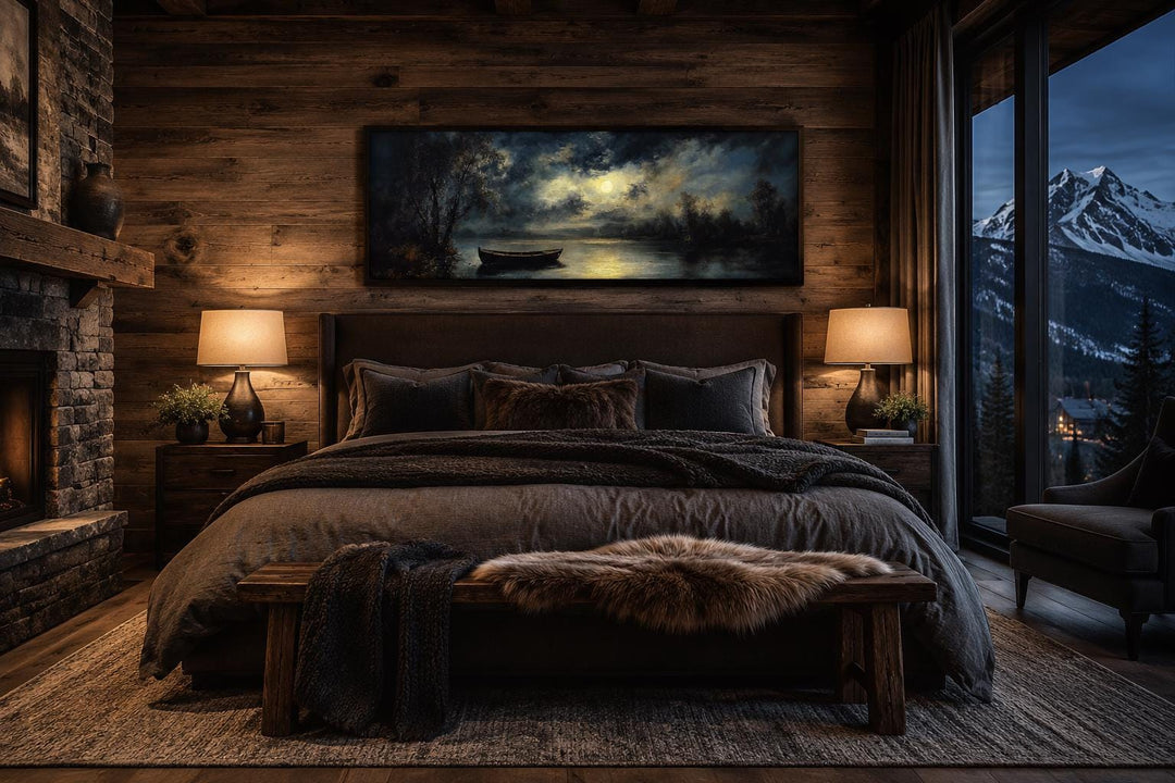 Moonlit rowboat on a still lake landscape long narrow canvas wall art above a bed in a rustic cabin.