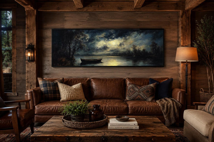 Moonlit rowboat and lake landscape long narrow canvas wall art in a rustic cabin living room.