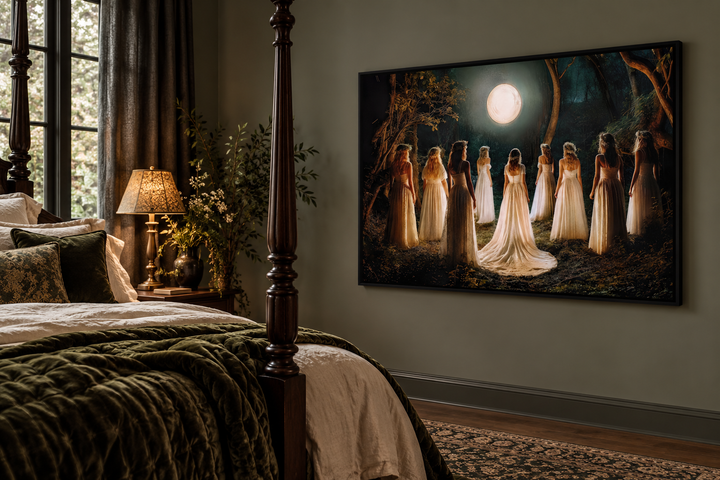 Witches dancing in a circle in a magical forest moon calling wall art in a gothic bedroom.