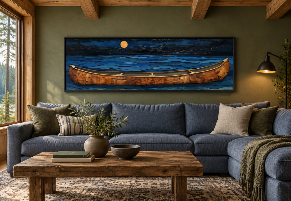 Long horizontal wall art of a brown canoe on a navy blue lake at night above a blue sofa.