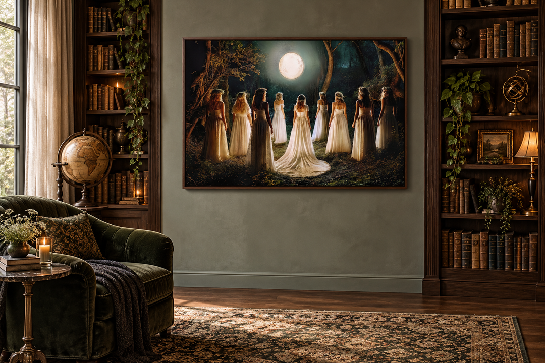 Witches dancing in a circle in a magical forest under a full moon wall art in a dark library.
