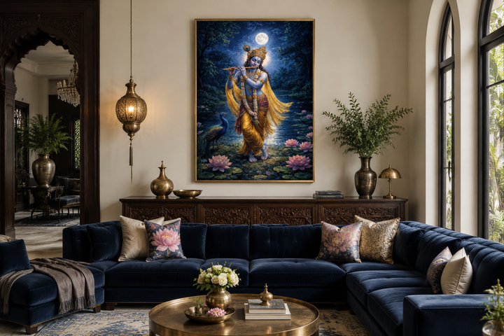 Krishna wall art canvas print of Lord Krishna playing a flute by a lotus pond in a living room.