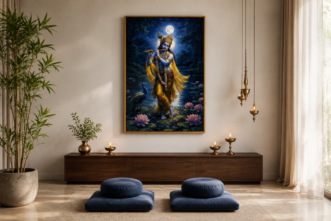 Krishna wall art canvas print of the deity playing a flute by a lotus pond in a meditation room.