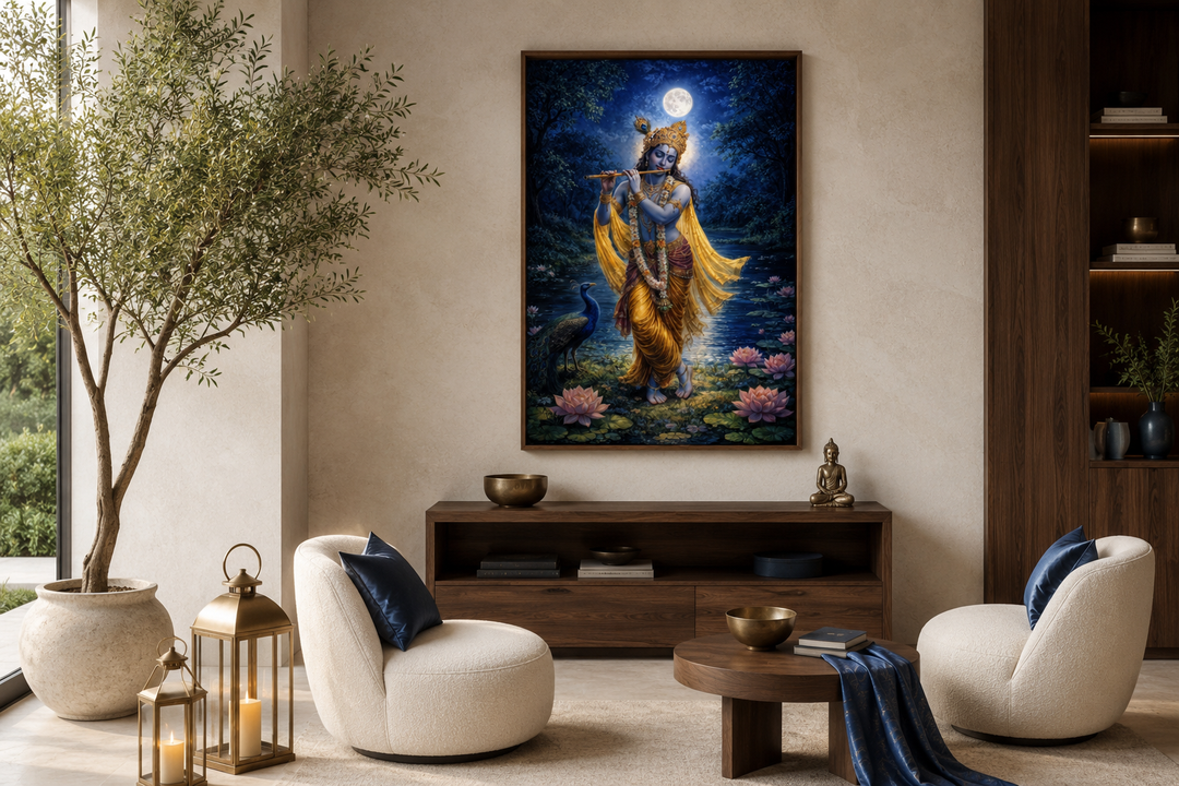 Krishna wall art canvas print of Lord Krishna playing a flute by a moonlit lotus pond.