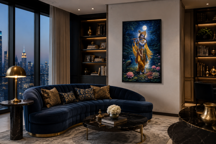 Krishna wall art canvas print of the deity playing a flute by a lotus pond in a modern living room.