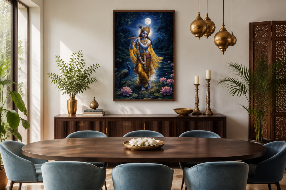 Krishna wall art painting of the deity playing a flute by a lotus pond in a dining room setting.