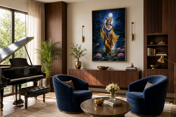 Krishna wall art canvas print with flute and lotus pond in a modern living room setting.