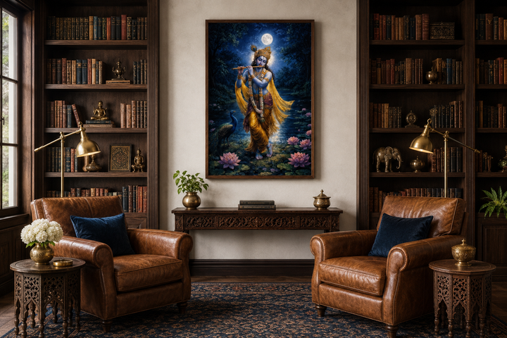 Krishna wall art canvas print of the deity playing a flute by a lotus pond in a library setting.
