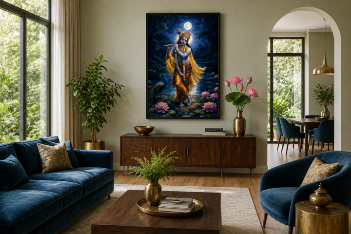 Krishna wall art canvas print of the deity playing a flute by a lotus pond in a living room.