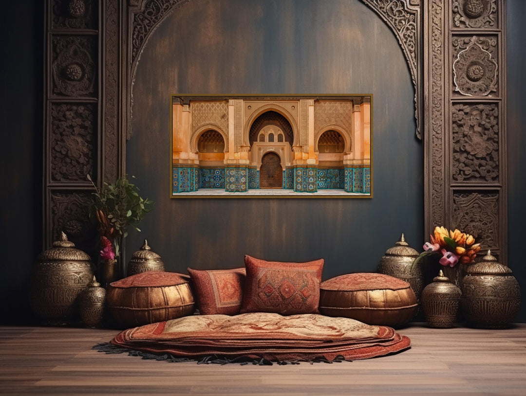 Moorish Architecture Moroccan Framed Canvas Wall Art featuring arched doorways and ornate tilework.