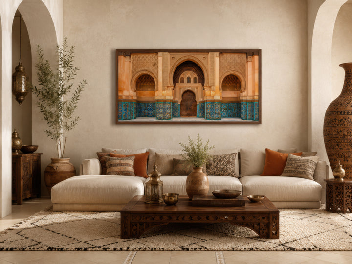 Moorish Architecture Moroccan Framed Canvas Wall Art featuring arched doorways and blue tilework.