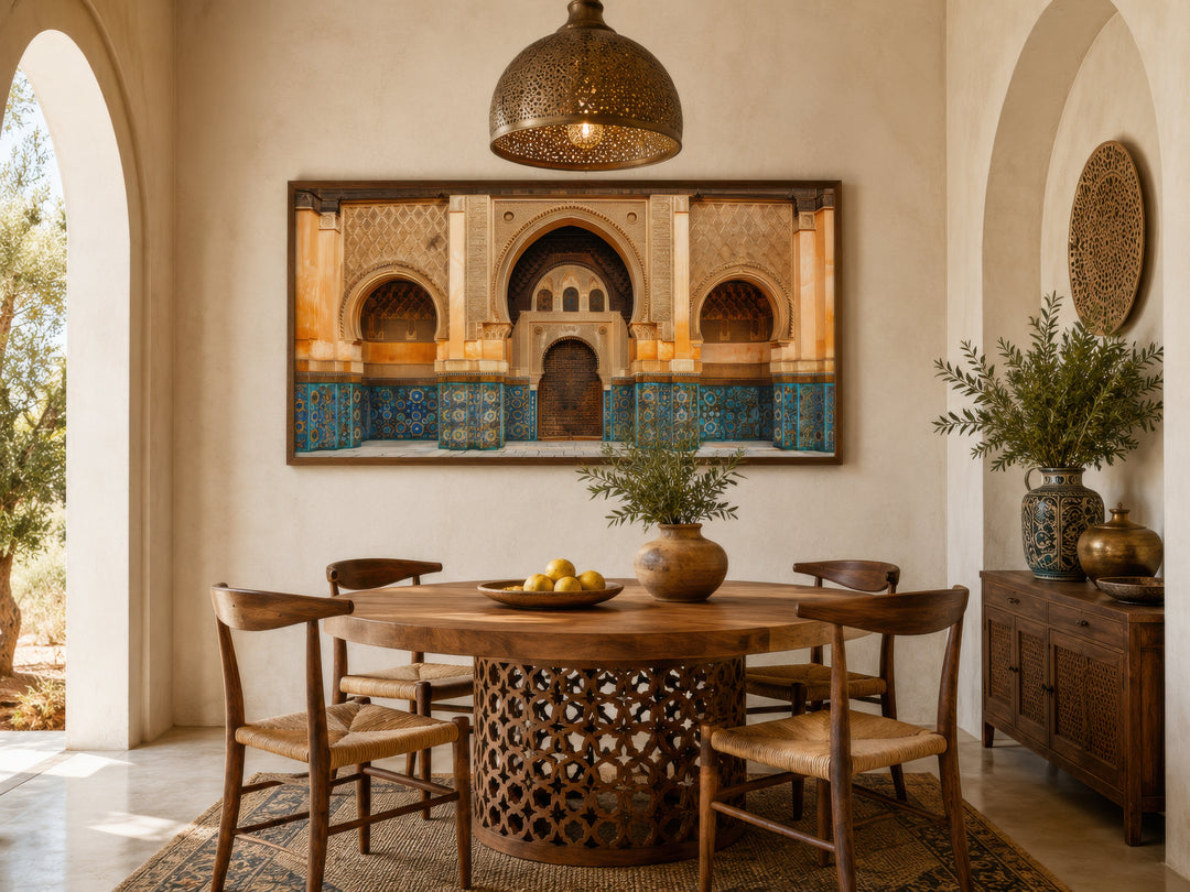 Moorish Architecture Moroccan Framed Canvas Wall Art above a wooden dining table in a neutral room.