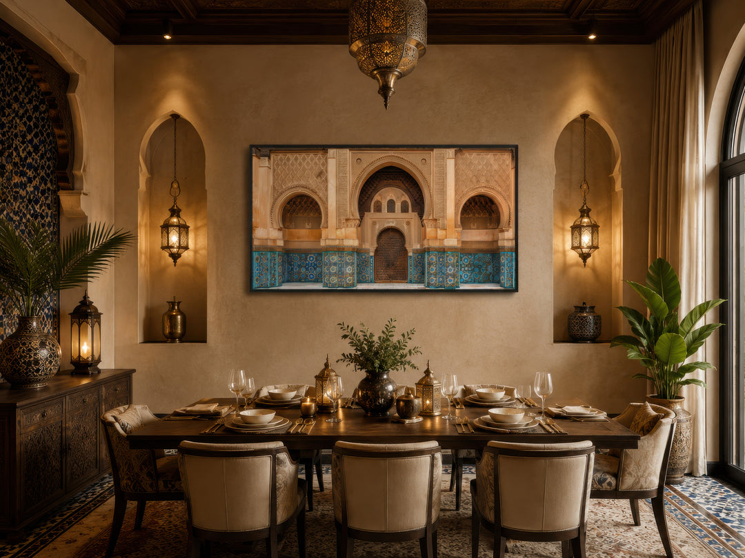 Moorish Architecture Moroccan Framed Canvas Wall Art above a dining table in a themed room.