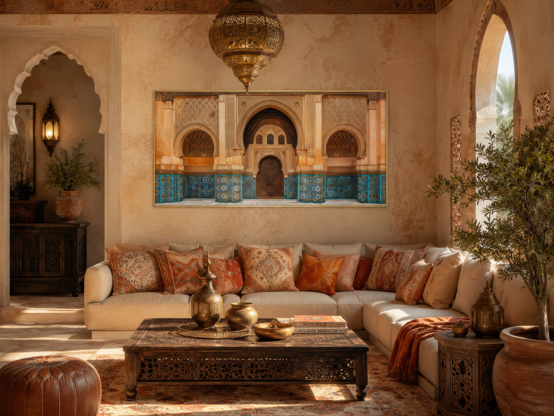 Moorish Architecture Moroccan Framed Canvas Wall Art featuring arched doorways and blue tilework.