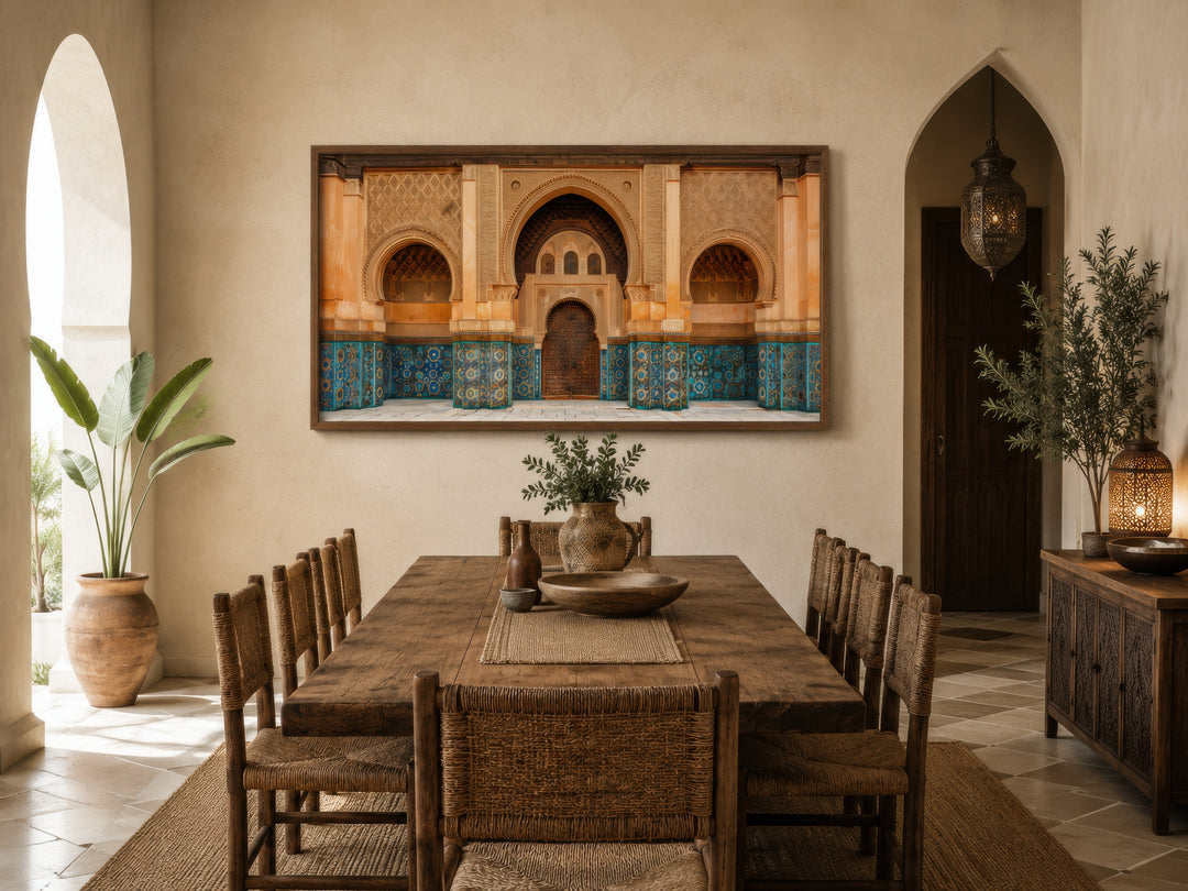 Moorish Architecture Moroccan Framed Canvas Wall Art above a rustic wooden dining table.