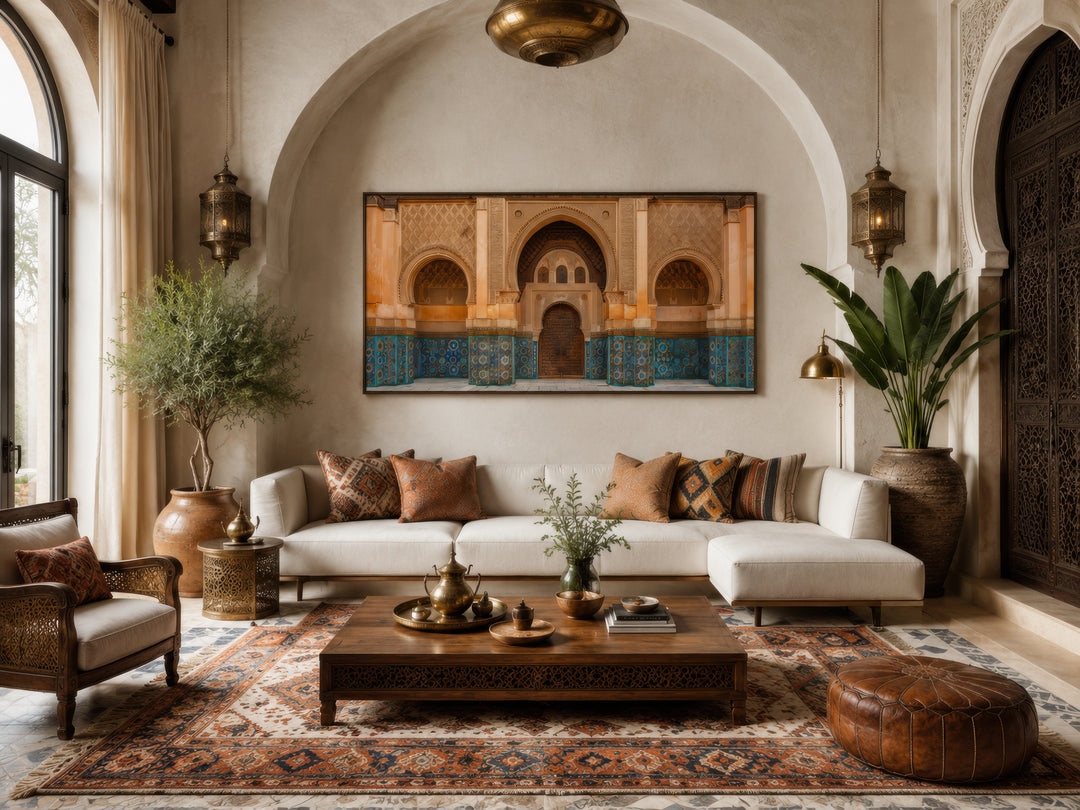 Moorish Architecture Moroccan Framed Canvas Wall Art above a white sofa in a living room.