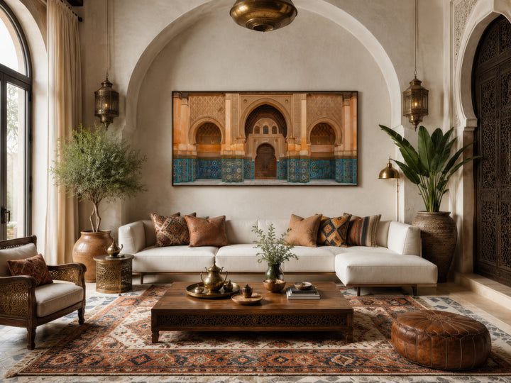 Moorish Architecture Moroccan Framed Canvas Wall Art above a white sofa in a living room.