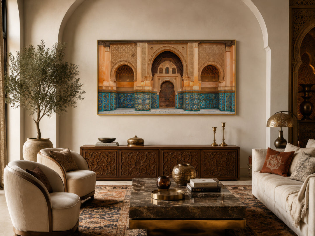 Moorish Architecture Moroccan Framed Canvas Wall Art featuring arched doorways and blue tilework.