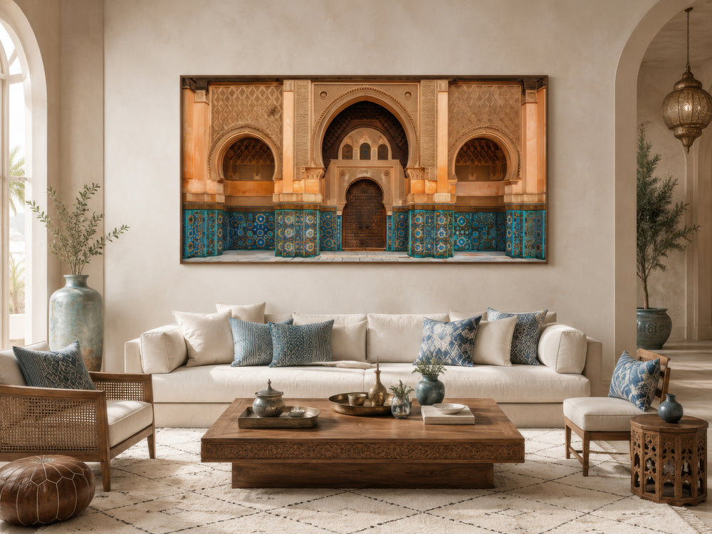 Moorish Architecture Moroccan Framed Canvas Wall Art above a sofa in a living room.