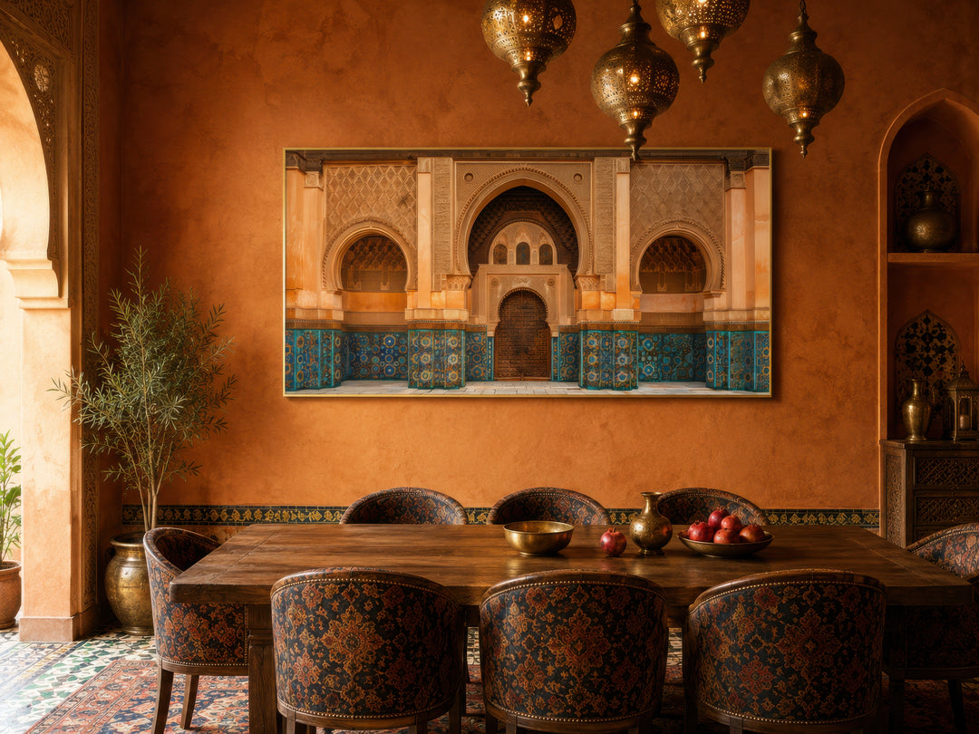 Moorish Architecture Moroccan Framed Canvas Wall Art featuring arched doorways and ornate tilework.