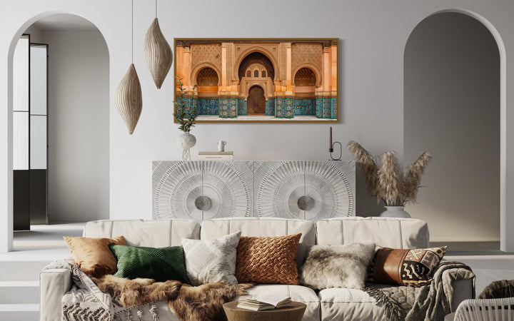 Moorish Architecture Moroccan Framed Canvas Wall Art above a white sideboard in a modern room.
