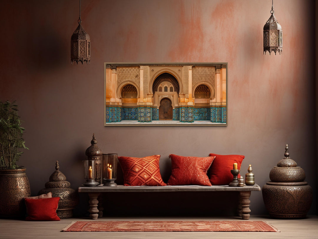 Moorish Architecture Moroccan Framed Canvas Wall Art featuring ornate arches and blue tilework.