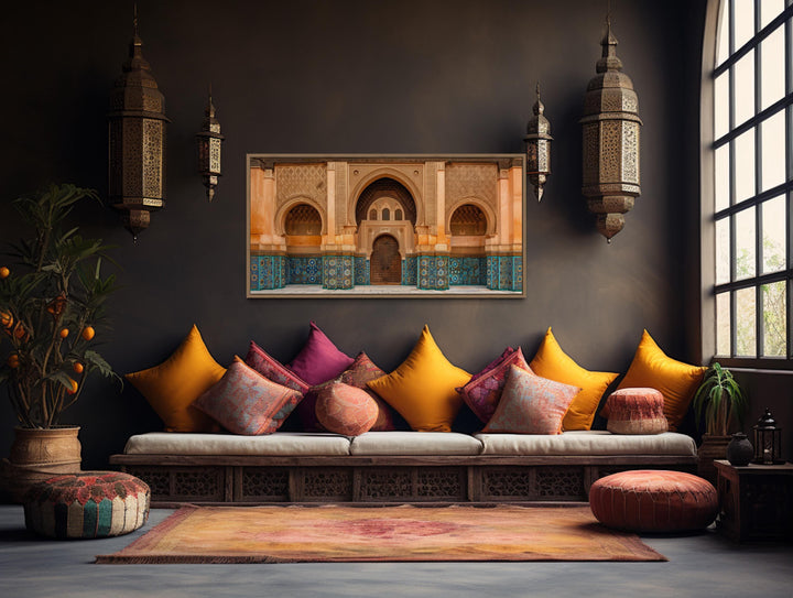 Moorish Architecture Moroccan Framed Canvas Wall Art featuring arched doorways and ornate tilework.
