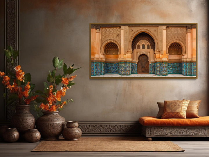 Moorish Architecture Moroccan Framed Canvas Wall Art featuring arched doorways and blue tilework.